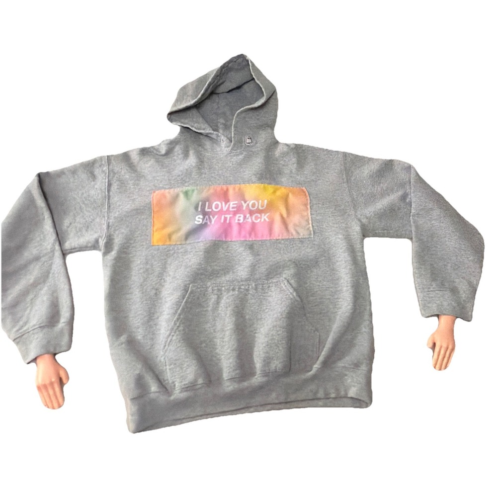 Lonely Ghost‎ Hoodie Mens Medium Gray I Love You Say It Back Sweatshirt Pullover